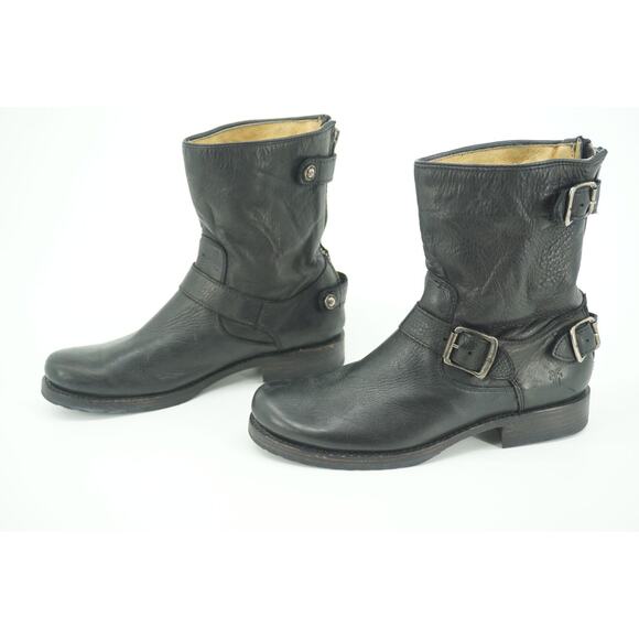 Frye Veronica Shortie Black Leather Biker Boots size 7.5 Slouchy Buckle - Picture 10 of 11